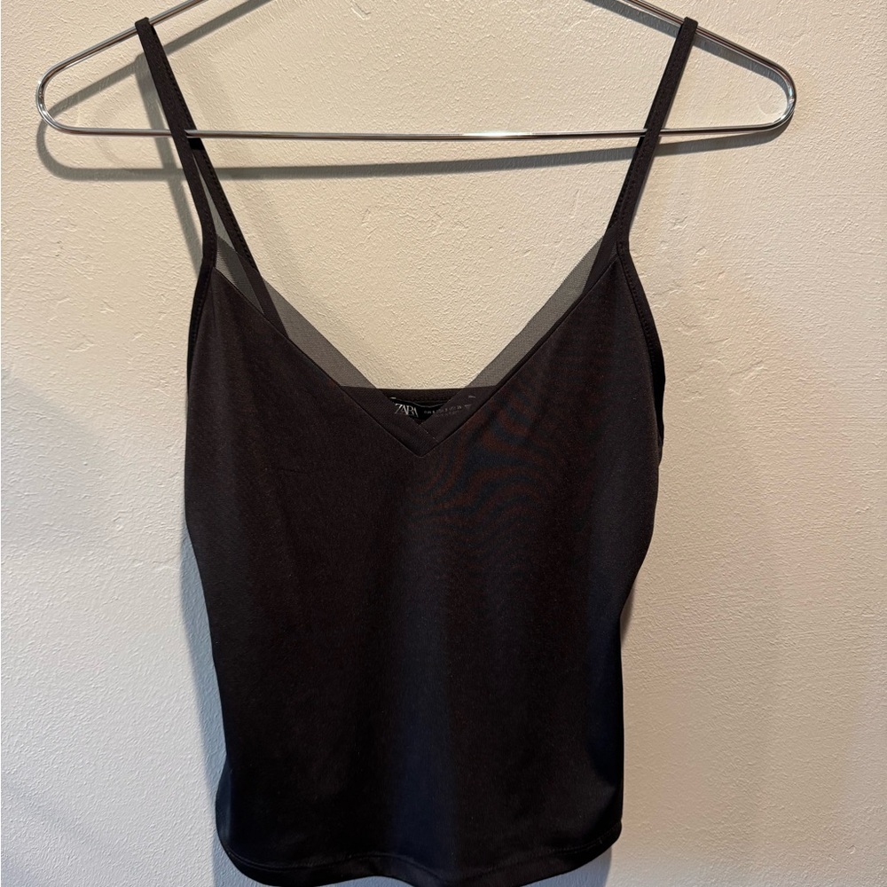 Zara Elegant Black Lace Silky Outlined Spaghetti Strap Cami Cropped Crop Top